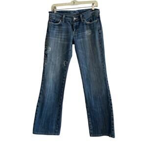 Miss Me Distressed Faded Floral Embroidered Low Rise Boot Cut Blue Jeans Size 29